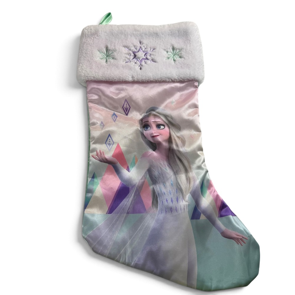Disney Frozen Elsa Christmas Stocking White Faux Fur Snowflake Cuff Satin 512686